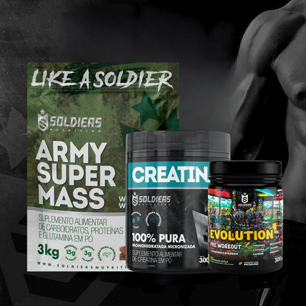 Imagem de Kit: Hipercalórico Army Super Mass - 3Kg +Creatina Monohidratada Pote 300g - 100% Pura+Pré-Treino Evolution Pré Workout