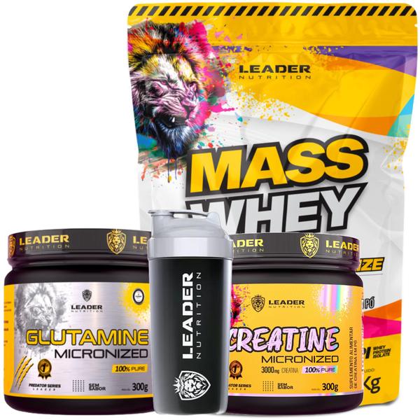 Imagem de Kit Hipercalórico Mass Whey 3Kg + Glutamina Pura 300g + Creatina Pura 300g + Coqueteleira