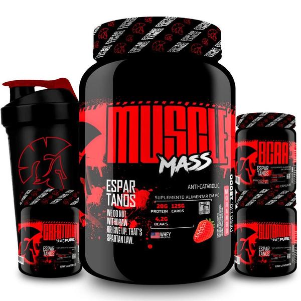 Imagem de Kit Hipercalórico Muscle Mass + Bcaa + Creatina + Glutamina + Copo - Espartanos Suplementos