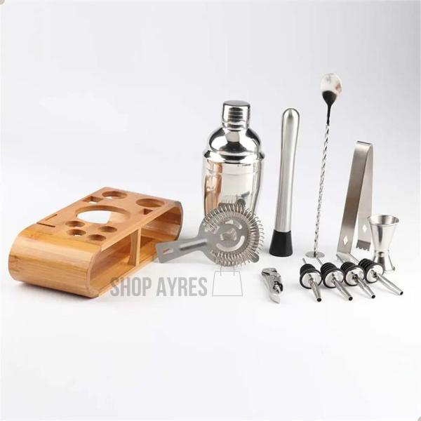 Imagem de Kit Home bar 12 Peças Inox Suporte Bambu Coqueteleira 500ml