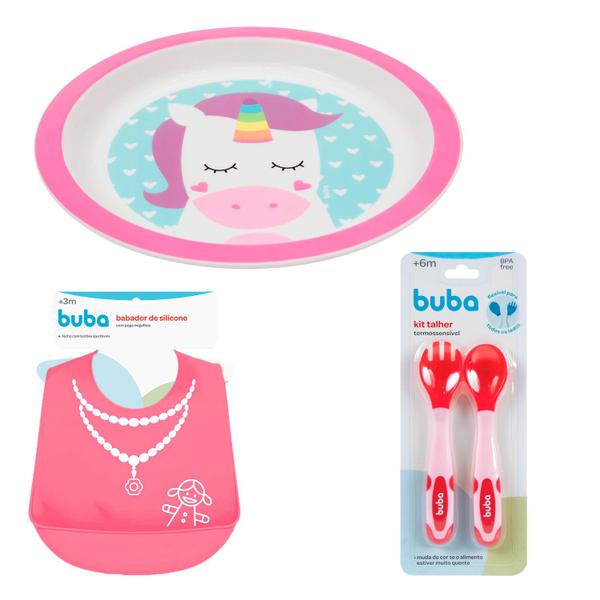 Imagem de Kit Hora da Papinha 3 Peças Pratinho Babador Rosa e Talher Animal Fun Unicórnio Buba