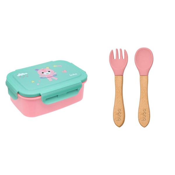 Imagem de Kit Hora do Lanche Bento Box Unicórnio e Talheres em Silicone e Bambu Rosa - Buba