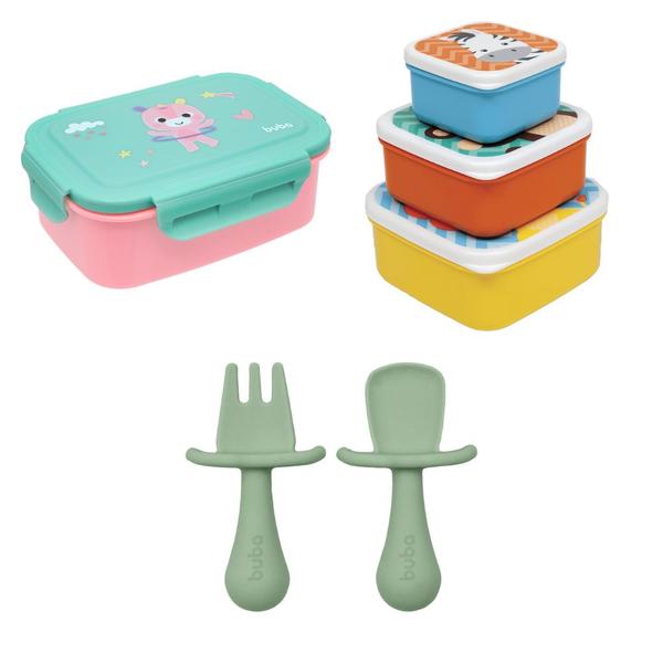 Imagem de Kit Hora do Lanche Bento Box Unicórnio, Kit Potinho Animal Fun e Talheres em Silicone Verde- Buba