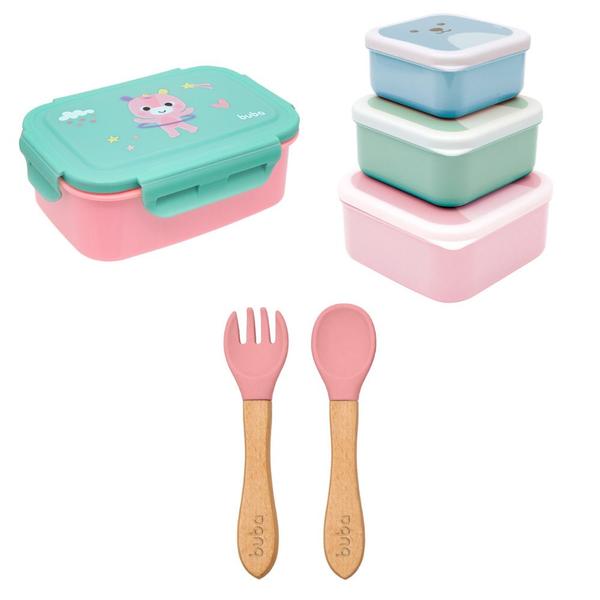 Imagem de Kit Hora do Lanche Bento Box Unicórnio, Potinho Gumy Rosa e Talher em Bambu e Silicone Rosa - Buba