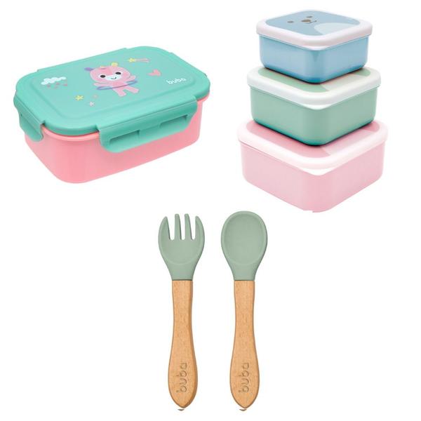 Imagem de Kit Hora do Lanche Bento Box Unicórnio, Potinho Gumy Rosa e Talher em Bambu e Silicone Verde - Buba