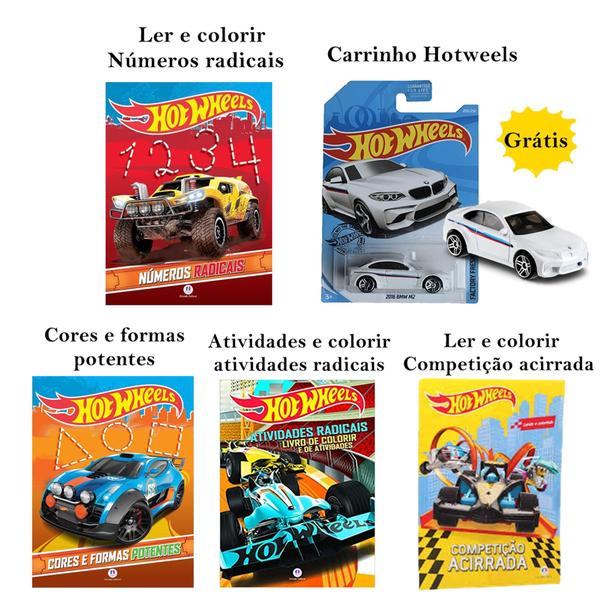 Imagem de kit Hotweels com livros para ler e colorir mais um carrinho lindo