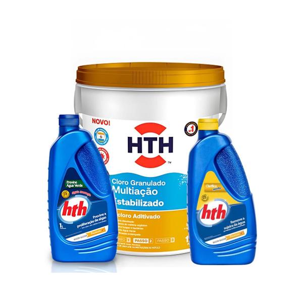 Imagem de Kit hth multiação estabilizado + max floc + soluçao agua verde p/ tratamento