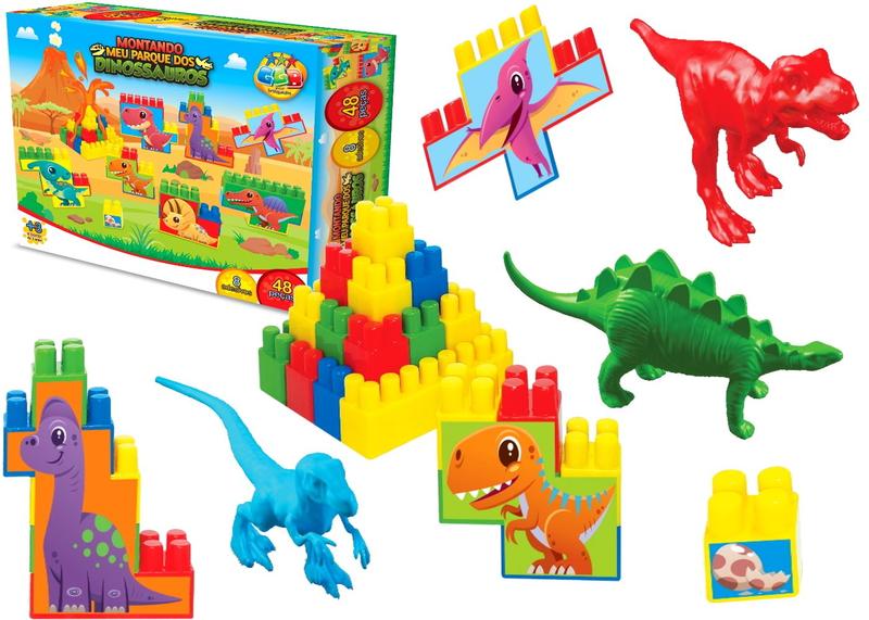 Kit Ilha Dinossauros 48 Blocos de Montar 8 Mini Dinossauros - GGB Brinquedos Imagem de Kit Ilha Dinossauros 48 Blocos de Montar 8 Mini Dinossauros