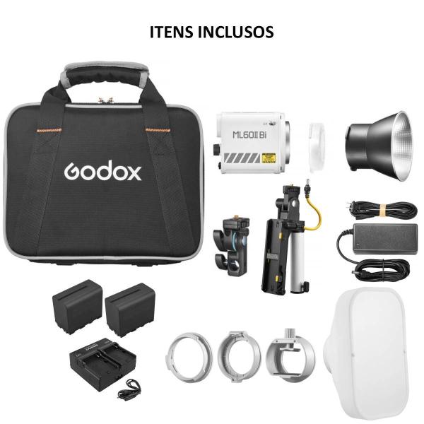 Imagem de Kit Iluminação Led Com Baterias Godox Para Ensaio Externo Ml60ii Bi 70w + Softbox