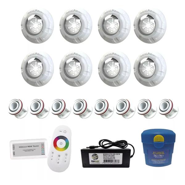 Imagem de Kit Iluminação Para Piscina até 128m² Com 8 Leds Rgb 9w + Comando RGB + Adaptador 50mm