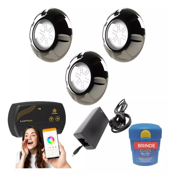 Imagem de Kit Iluminação Para Piscina até 48m² Com 3 Leds Rgb 9w Inox + SmartLux