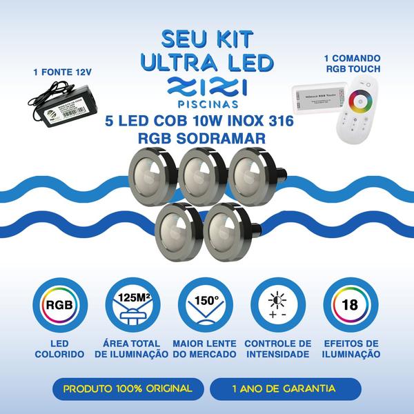 Imagem de Kit Iluminação Piscina 125m² 5 Leds 10w + Comando Rgb Touch