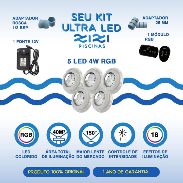 Imagem de Kit Iluminação Piscina 40m² - 5 Led 4w, Módulo Rgb C/ Fonte