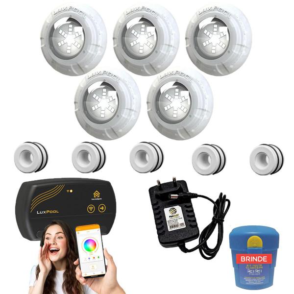 Imagem de Kit Iluminação Piscina 40m² 5 Led 4w + Smart Lux + Disp 50mm