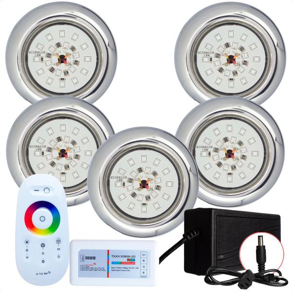 Imagem de Kit Iluminação Piscina 5 Refletores Led 18w RGB Inox e Comando