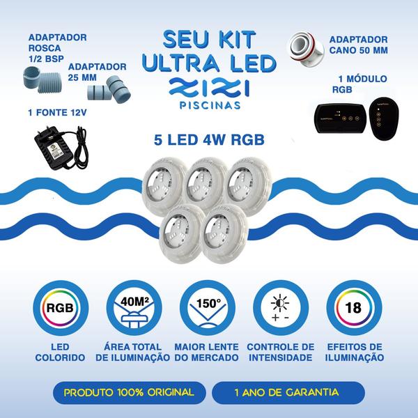 Imagem de Kit Iluminação Piscina 50mm 40m² 5 Led 4w, Módulo Rgb, Fonte