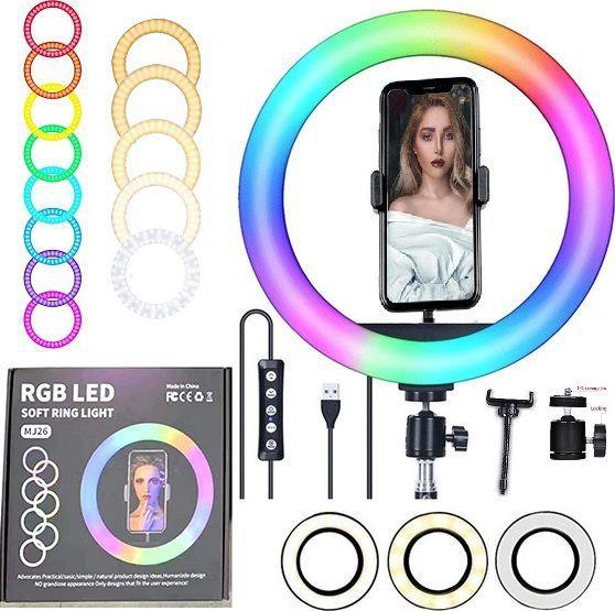 Imagem de Kit Iluminador Ring Light Rgb Colorido Completo Dimmer Maquiagem Blogueiro Youtuber 10 Polegadas 26cm Tripé + Bluetooth