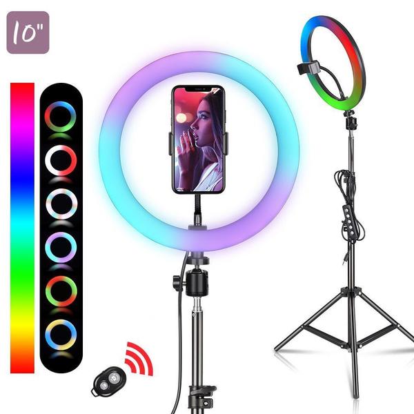 Imagem de Kit Iluminador Ring Light Rgb Colorido Completo Dimmer Maquiagem Blogueiro Youtuber 10 Polegadas 26cm Tripé + Bluetooth