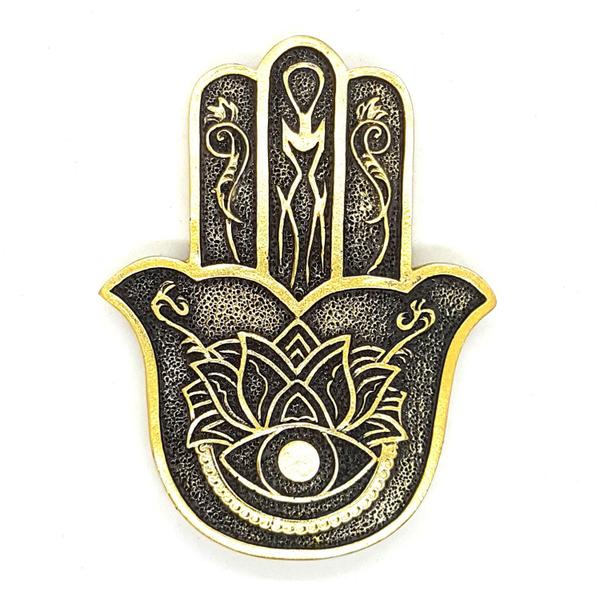 Imagem de Kit Incensário Vareta Mão Hamsá Com Bandeja Dourado 12cm