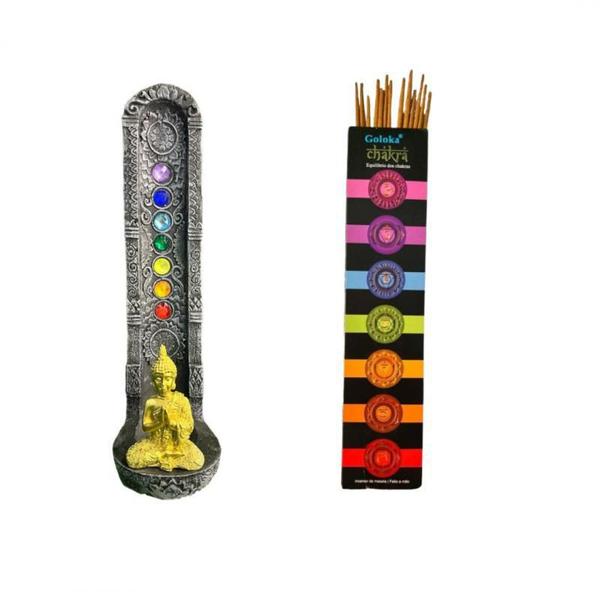 Imagem de Kit Incenso + Incensário Indiano 7 Chakras Buda 22 Cm Resina