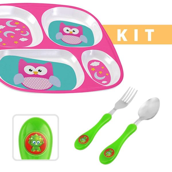 Imagem de Kit Infantil Alimentação Pratinho Com Divisória Talheres Garfo Colher