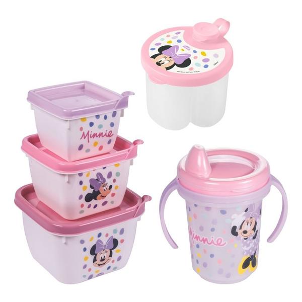 Imagem de Kit infantil caneca com bico, porta leite em pó e conjunto 3 potes Minnie Plasutil