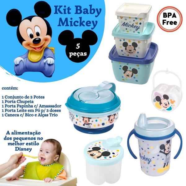 Imagem de Kit infantil caneca com bico, pote papinha com amassador, porta leite em pó, cj 3 potes e porta chupetas Mickey Plasutil