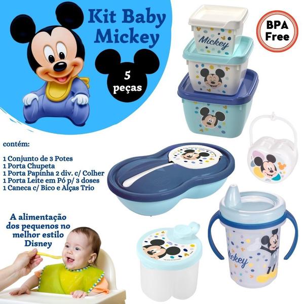 Imagem de Kit infantil caneca com bico, pote para papinha, porta leite em pó, conjunto 3 potes e porta chupetas Mickey Plasutil