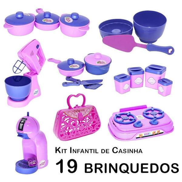 Imagem de Kit Infantil Casinha Batedeira Panela Forma Cafeteira 19Pçs