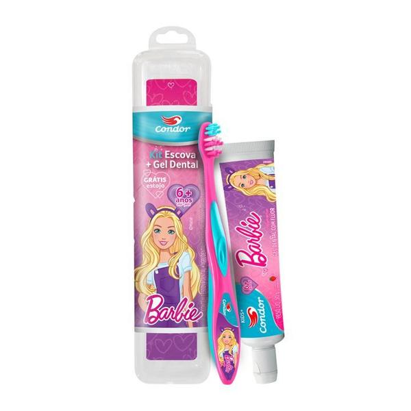 Kit Infantil Condor Barbie Estojo Protetor + Escova Dental + Gel Dental Morango 50g Imagem de Kit Infantil Condor Barbie Estojo Protetor + Escova Dental + Gel Dental Morango 50g