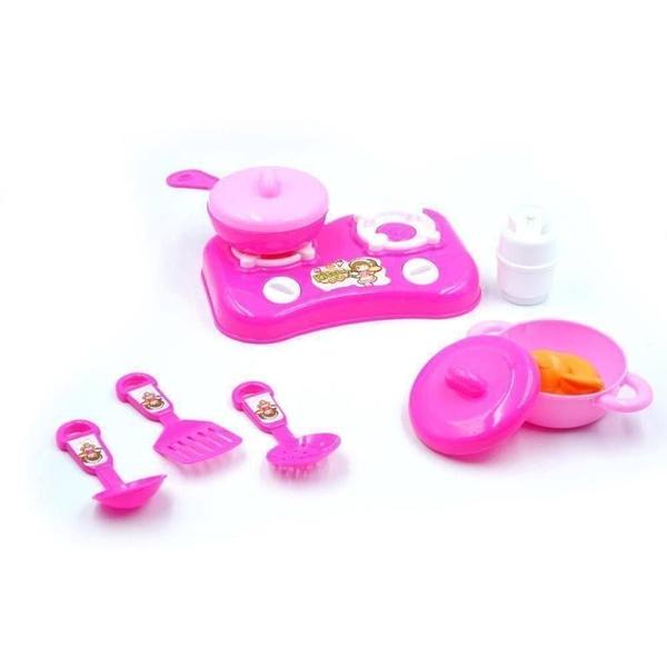 Imagem de Kit infantil cozinha rosa com fogão panelas talheres e utensílios