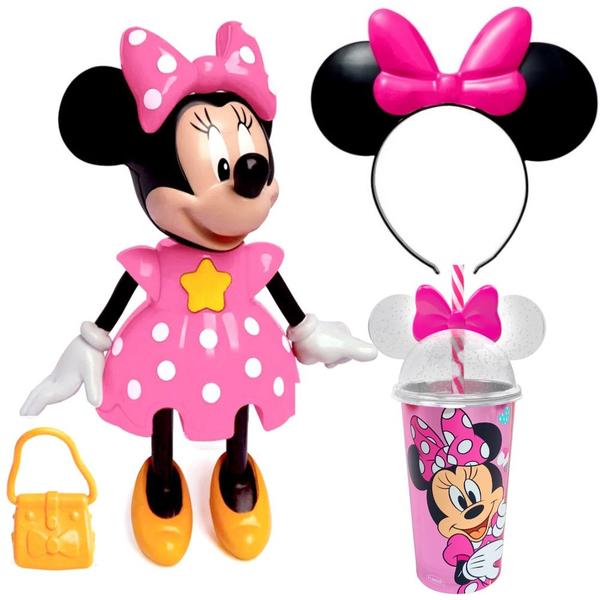 Imagem de Kit Infantil da Minnie com Copo e Tiara de Orelhas e Boneca que Fala Original