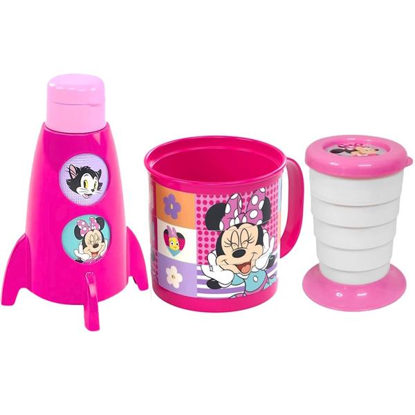 Imagem de Kit Infantil Garrafinha Foguete Caneca Giratória e Copo Retrátil Minnie Rosa Plasútil