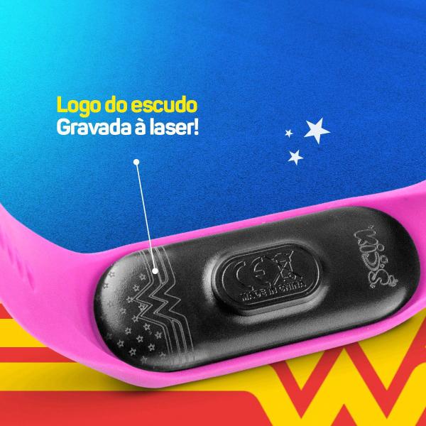 Imagem de Kit Infantil Heroi Mulher Maravilha Relógio Prova D'água Bracelete + Copo Exclusivo Recreio Canudo