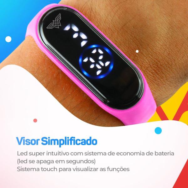 Imagem de Kit Infantil Heroi Mulher Maravilha Relógio Prova D'água Bracelete + Copo Exclusivo Recreio Canudo