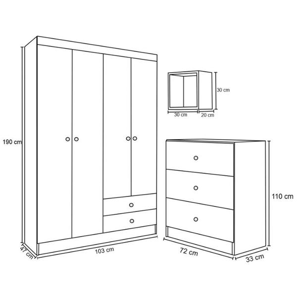 Imagem de Kit Infantil Manuela Roupeiro 4 Portas + Nichos + Cômoda 3 Gavetas Branco