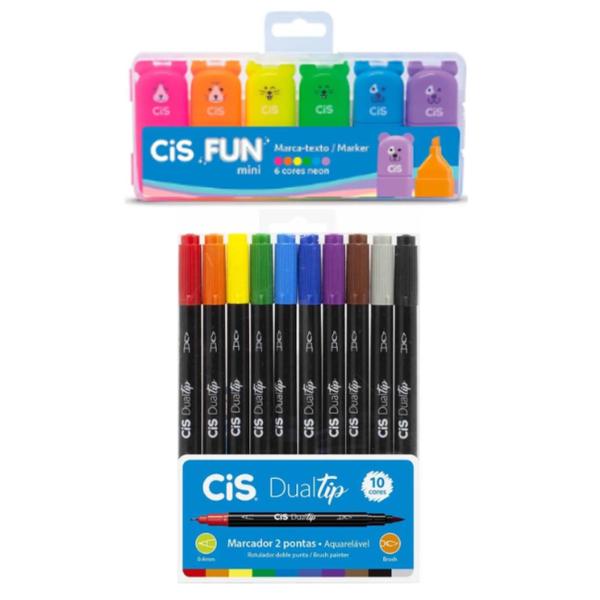 Imagem de Kit Infantil Marca Texto Cis Fun Neon + Marcador Dual Tip 10