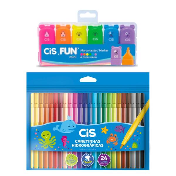 Imagem de Kit Infantil MarcaTexto Cis Fun Neon+24 Canetinhas Lavável