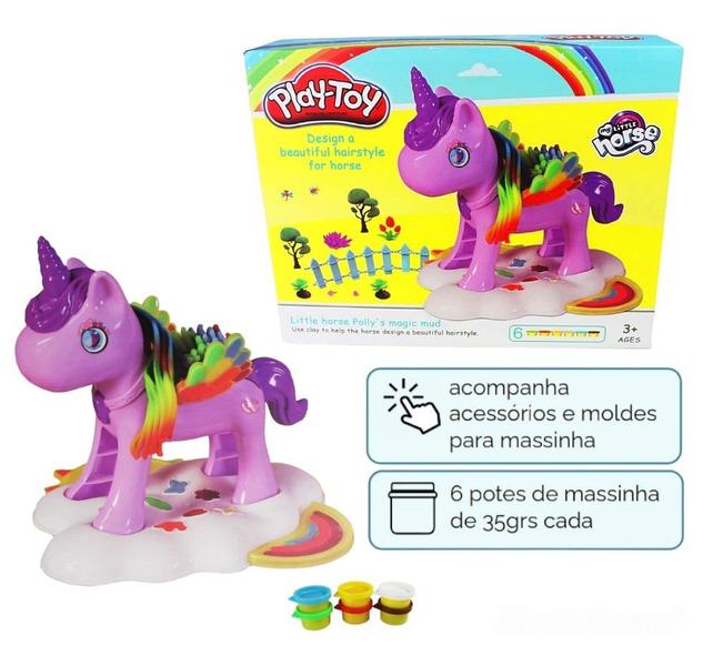 Imagem de Kit Infantil Massinha de Modelar Unicórnio Encantado Brinquedo Com 06 Potes + Acessórios