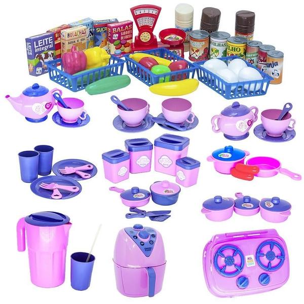 Imagem de Kit Infantil Mercado Completo Cozinha Panelas Louça 73Pç