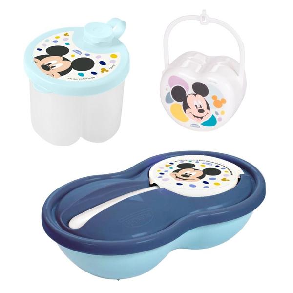 Imagem de Kit infantil pote papinha com divisória, porta leite em pó e porta chupeta Mickey Plasutil