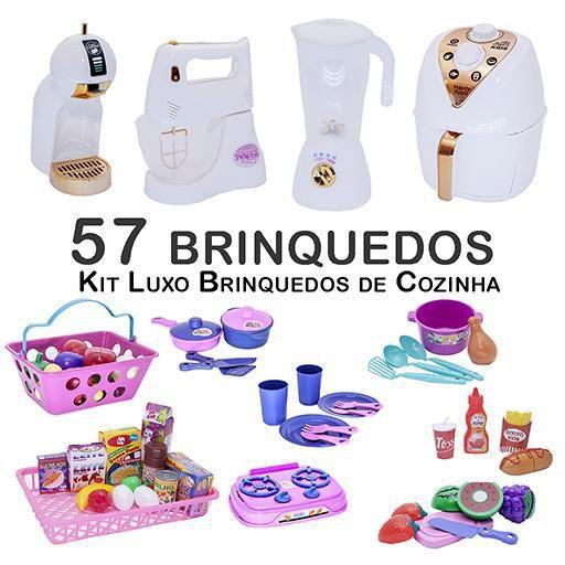 Kit Infantil Prato Copo Talher Mercado Cafeteira Panela 57P - Zuca Toys Imagem de Kit Infantil Prato Copo Talher Mercado Cafeteira Panela 57P