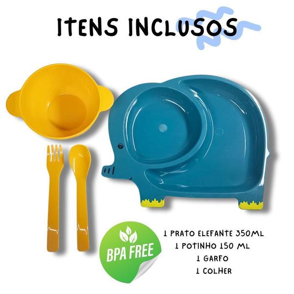 Imagem de Kit Infantil Prato Talheres Bowl Elefante Alimentar Bebês