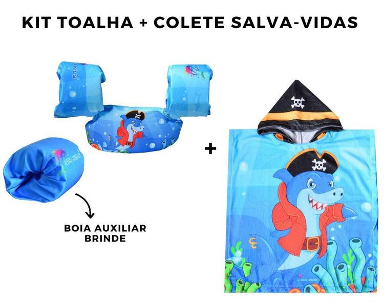 Imagem de Kit Infantil Roupão com Capuz Seguro e Colete Salva Vidas + Auxiliar