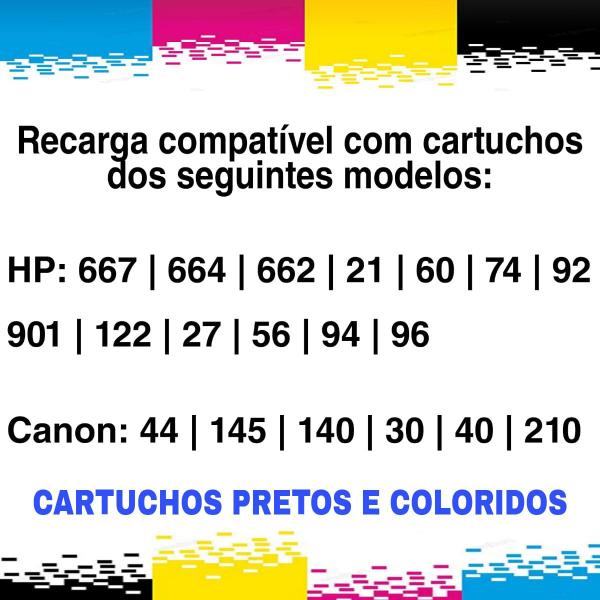 Imagem de Kit Inkcor Recarga Cartucho 450ml no Total Compatível com HP 662 122 901 74 60 664 61 75 21 27 56 22 28 74