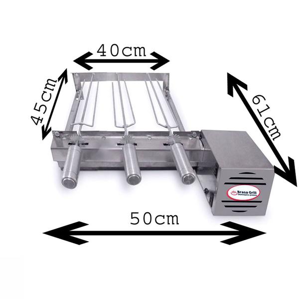 Imagem de Kit Inox Churrasqueira Elétrica Giratória Único Andar 3 Espetos Brasa Grill + Espalhador de Carvão