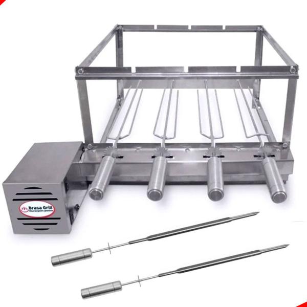 Imagem de Kit Inox Churrasqueira Gira 4 Espetos Giratório Brasa Grill+ 2 Espetos Picanha