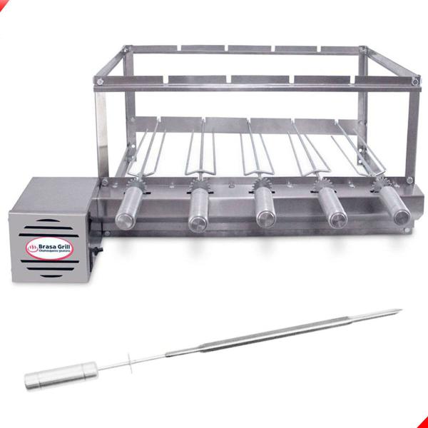 Imagem de Kit Inox Churrasqueira Gira 5 Espetos Giratório Brasa Grill + Espeto Picanha