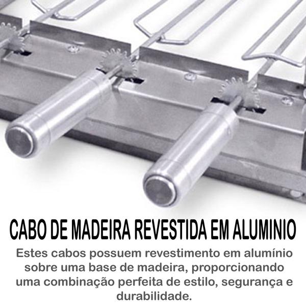 Imagem de Kit Inox Para Churrasqueira 4 Espetos Giratório Brasa Grill + 2 Grelhas Auxiliares + 2 Espetos Picanha