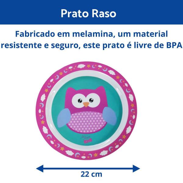 Imagem de Kit Introdução Alimentar Refeição Infantil Prato com Divisória, Prato Raso, Garfo e Colher Coruja Menina Rosa Enxoval Bebê